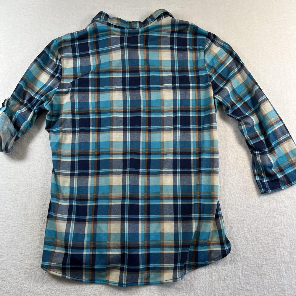 Eden & Olivia Shirt Womens Medium Blue Plaid Button Up Roll Tab Tunic Top - Picture 8 of 10